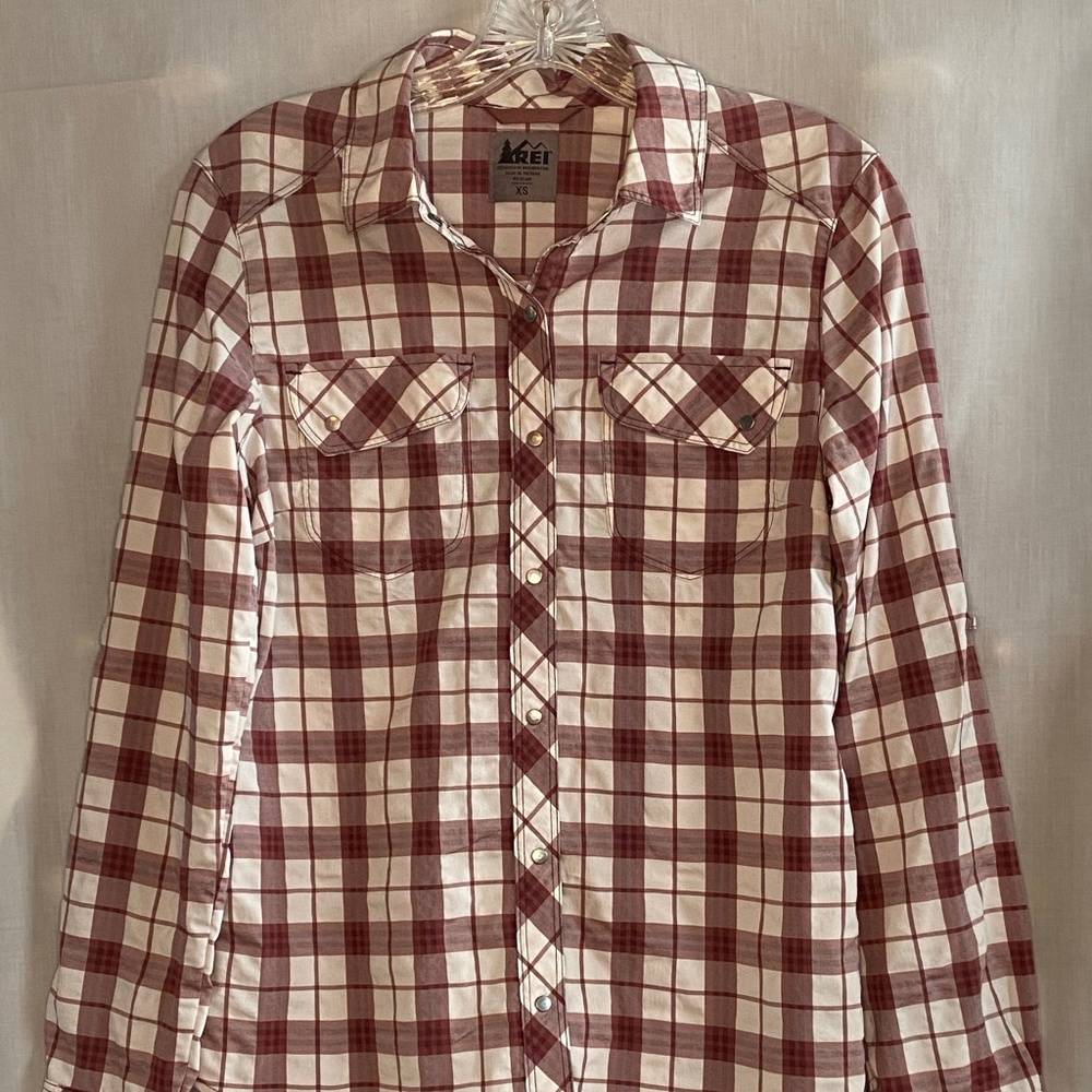 REI Plaid Red Hiking Long-Sleeve Button Down